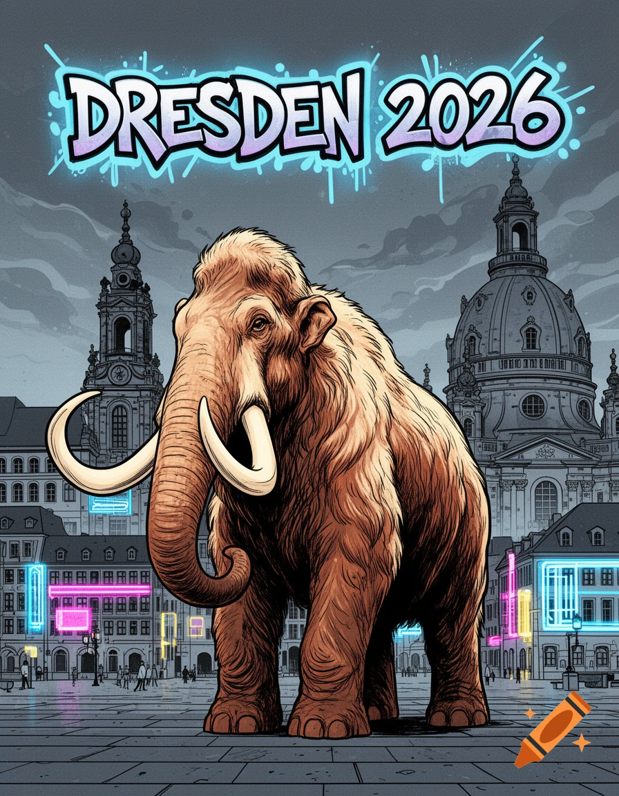 Comic illustration of a woolly mammoth in Dresden city square with glowing text 'DRESDEN 2026' and neon-lit buildings.