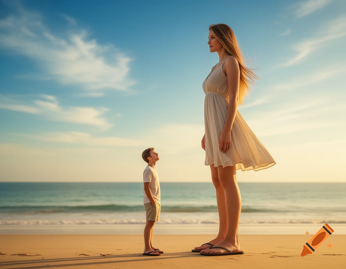 A very tall woman in a white dress stands next to a much smaller man on a sandy beach at sunset.