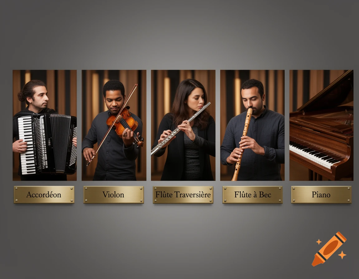 Five photorealistic framed portraits showing musicians with an accordion, violin, flute, and recorder, and a piano, each labeled.