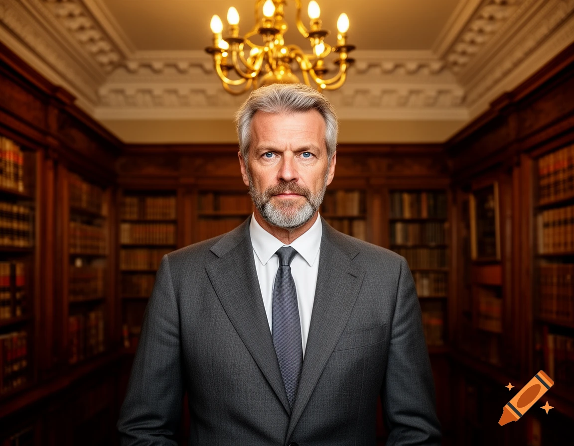 Photorealistic portrait of a serious man with a beard and grey hair, wearing a suit, standing in a grand library.