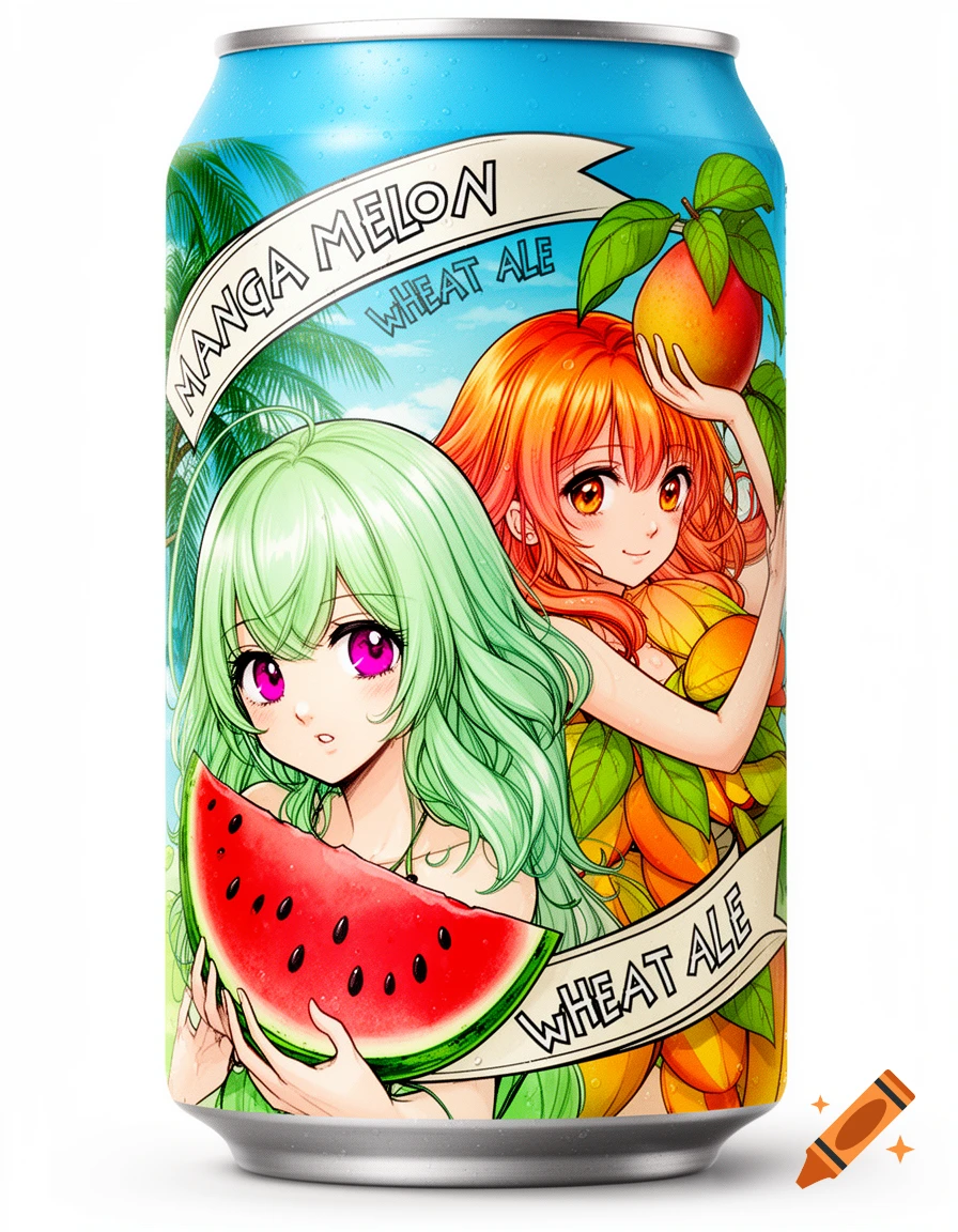 A vibrant beer can labeled 'Manga Melon Wheat Ale' featuring two anime girls holding watermelon and mangoes, against a sky with palm trees.