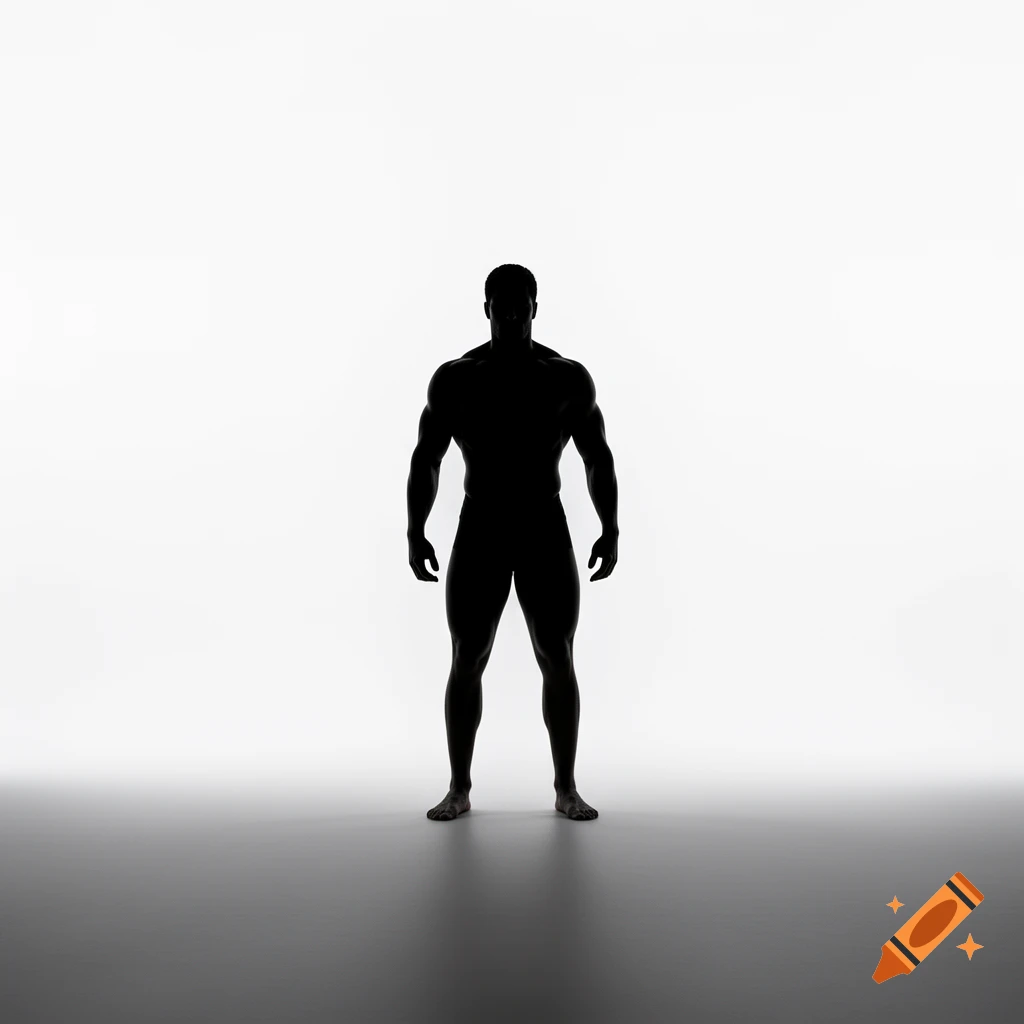A muscular man rendered as a solid black silhouette stands against a bright white background with a grey floor.