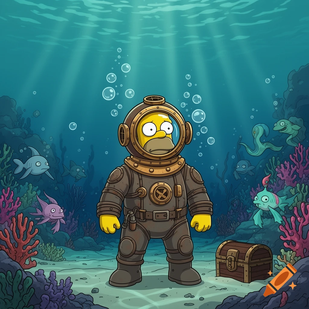 Homer Simpson in a vintage diving suit stands on the ocean floor surrounded by colorful coral, fish, and a treasure chest in a cartoon style.