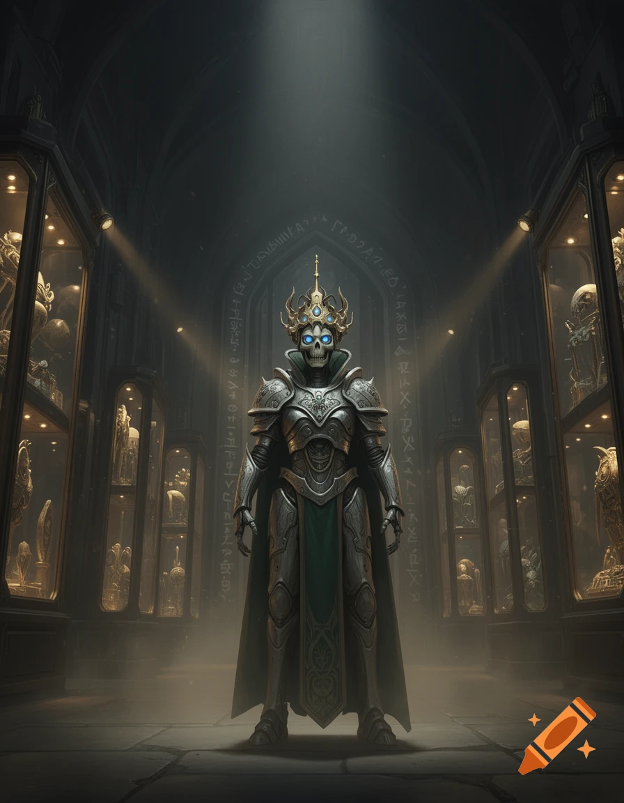 A skeletal figure in ornate silver and green armor, wearing a golden crown with glowing blue eyes, stands in a dark, atmospheric museum with glowing display cases.