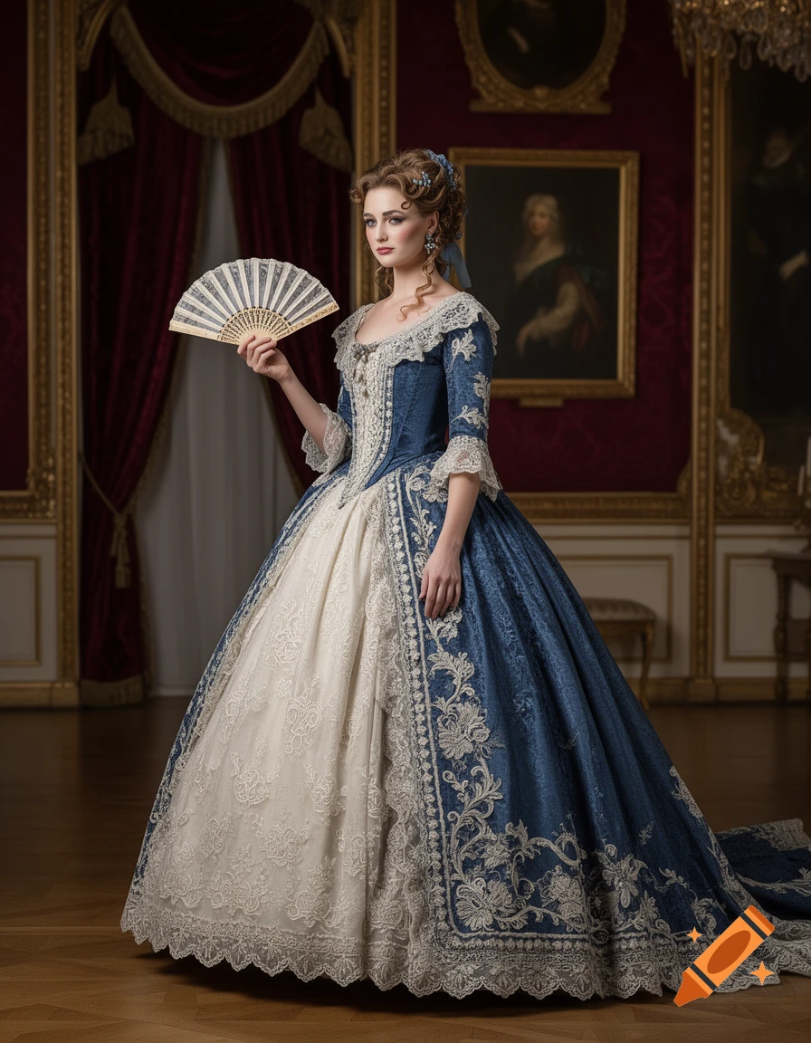 A woman in a blue and white 1860s period gown with a crinoline and a fan, standing in a grand hall.