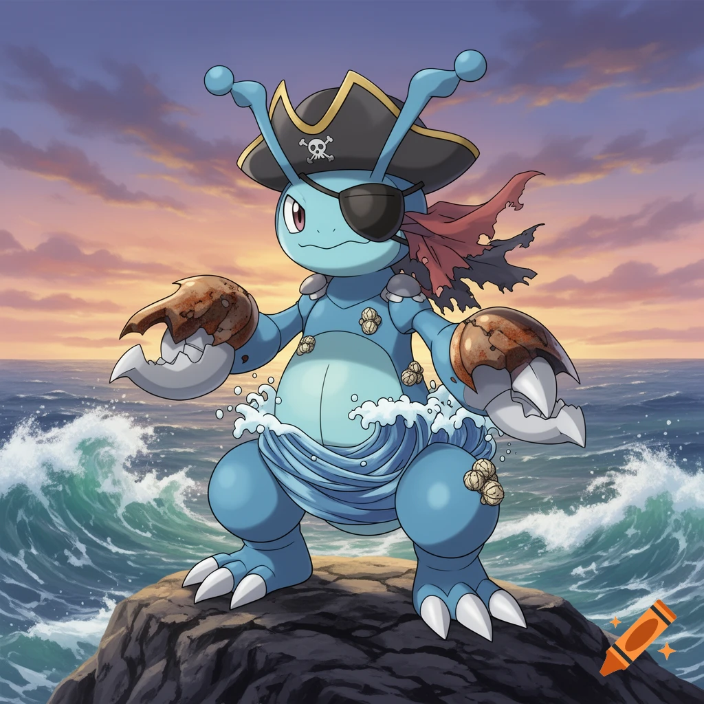 A blue, crab-like Pokémon dressed as a pirate, wearing a hat and eye patch, stands on a rock in the ocean at sunset.