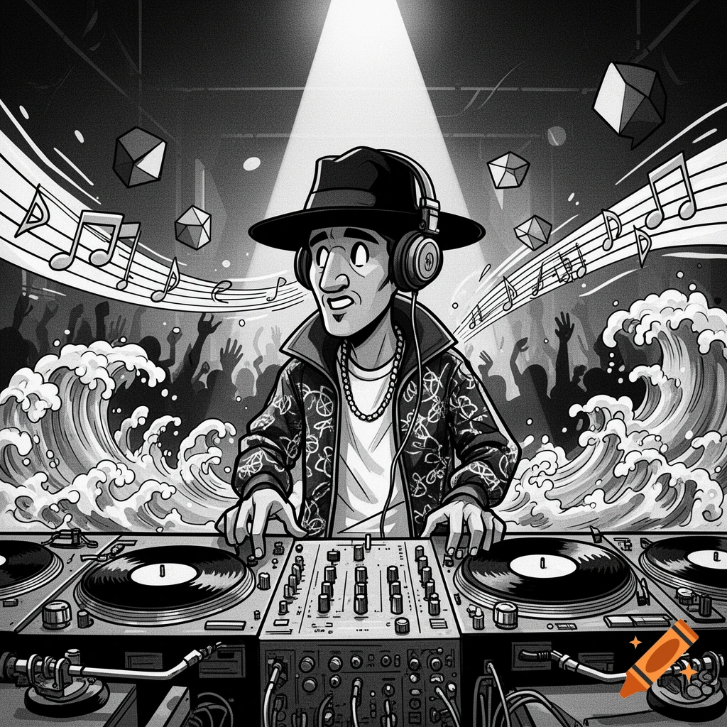 Black and white cartoon of a DJ with headphones and a fedora, mixing on turntables at a lively club.