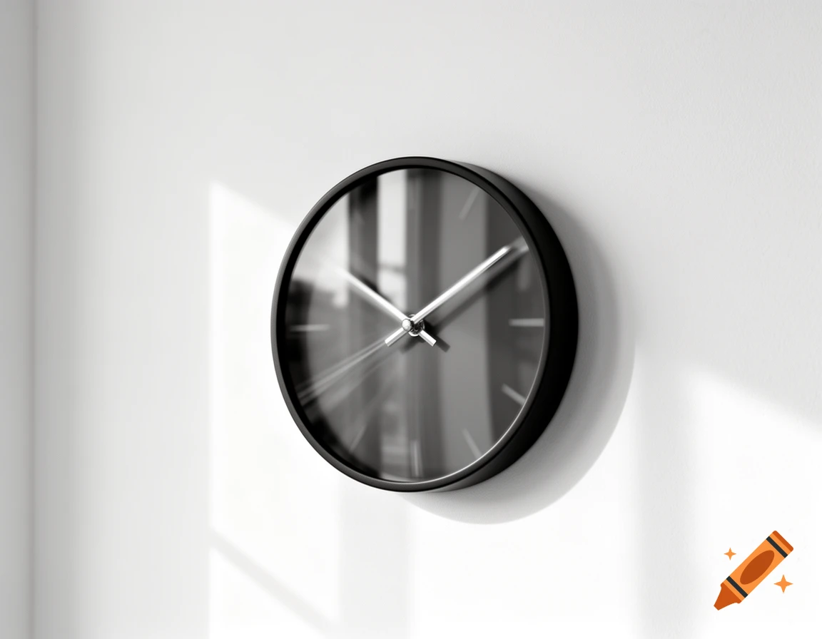 A minimalist black wall clock with blurred hands on a white wall, showcasing a long exposure effect.