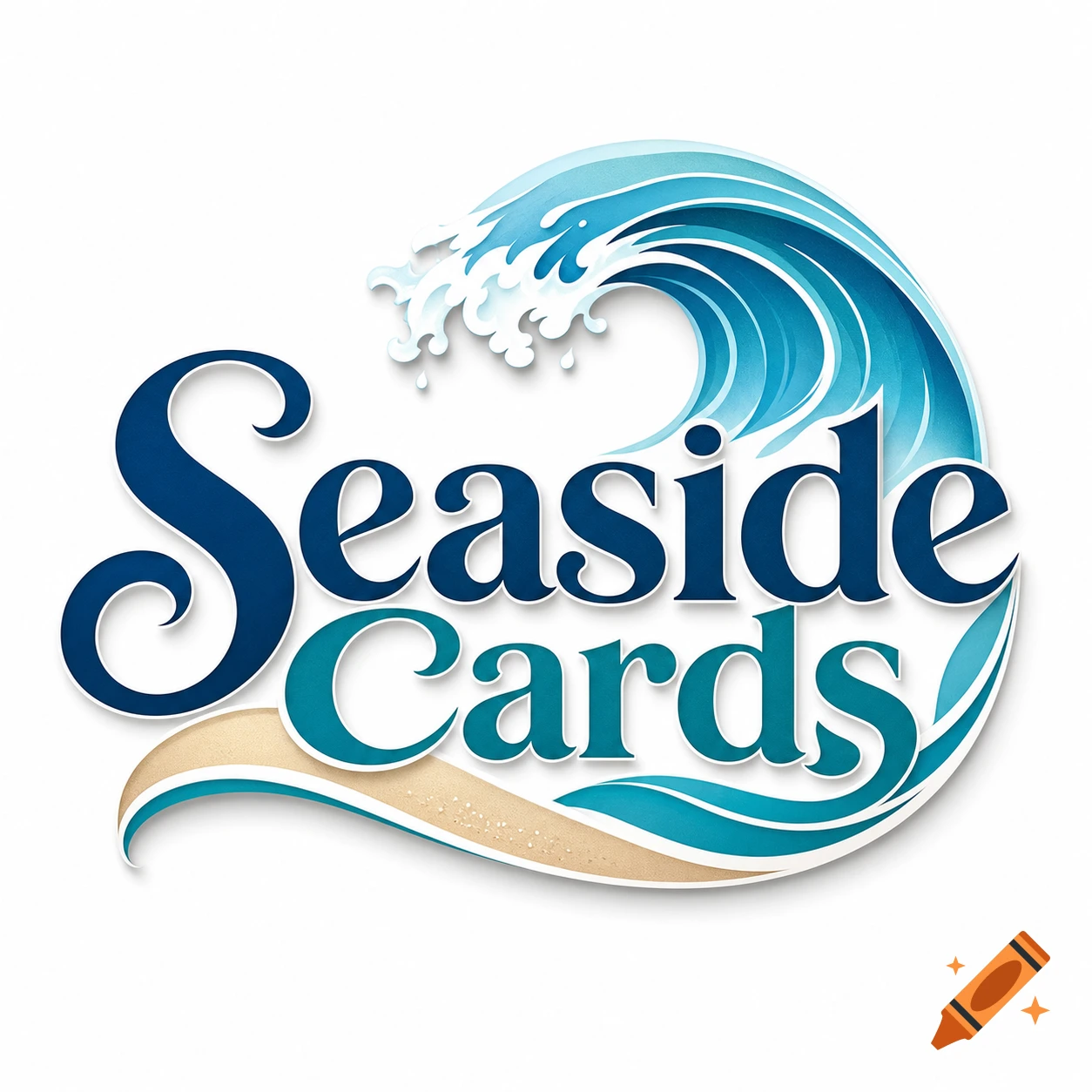 A vibrant logo for 'Seaside Cards' featuring blue stylized waves, a sandy beach element, and elegant typography on a white background.