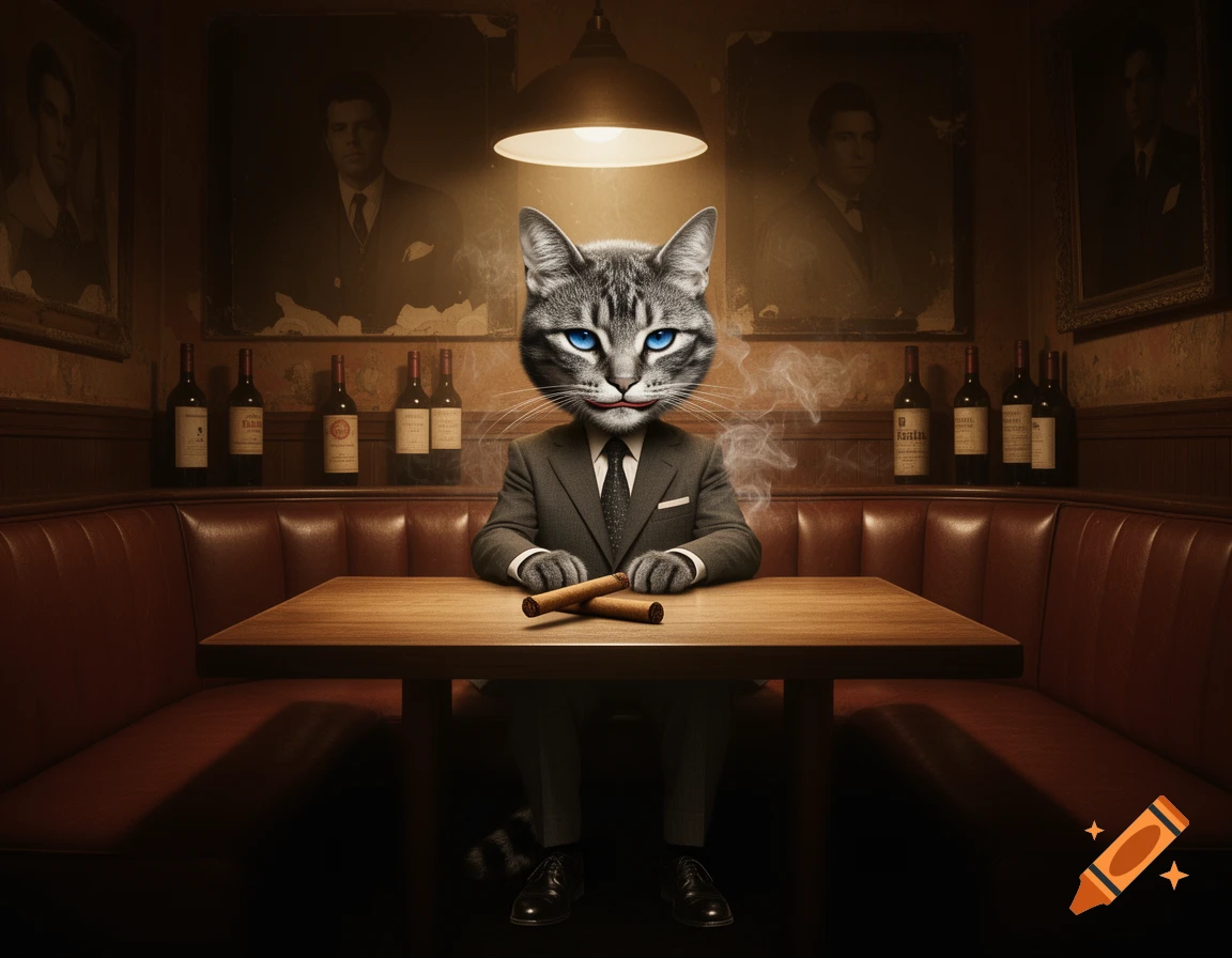 A cat in a suit with blue eyes sits at a table with cigars in a dimly lit, old-fashioned bar, framed by portraits and wine bottles.