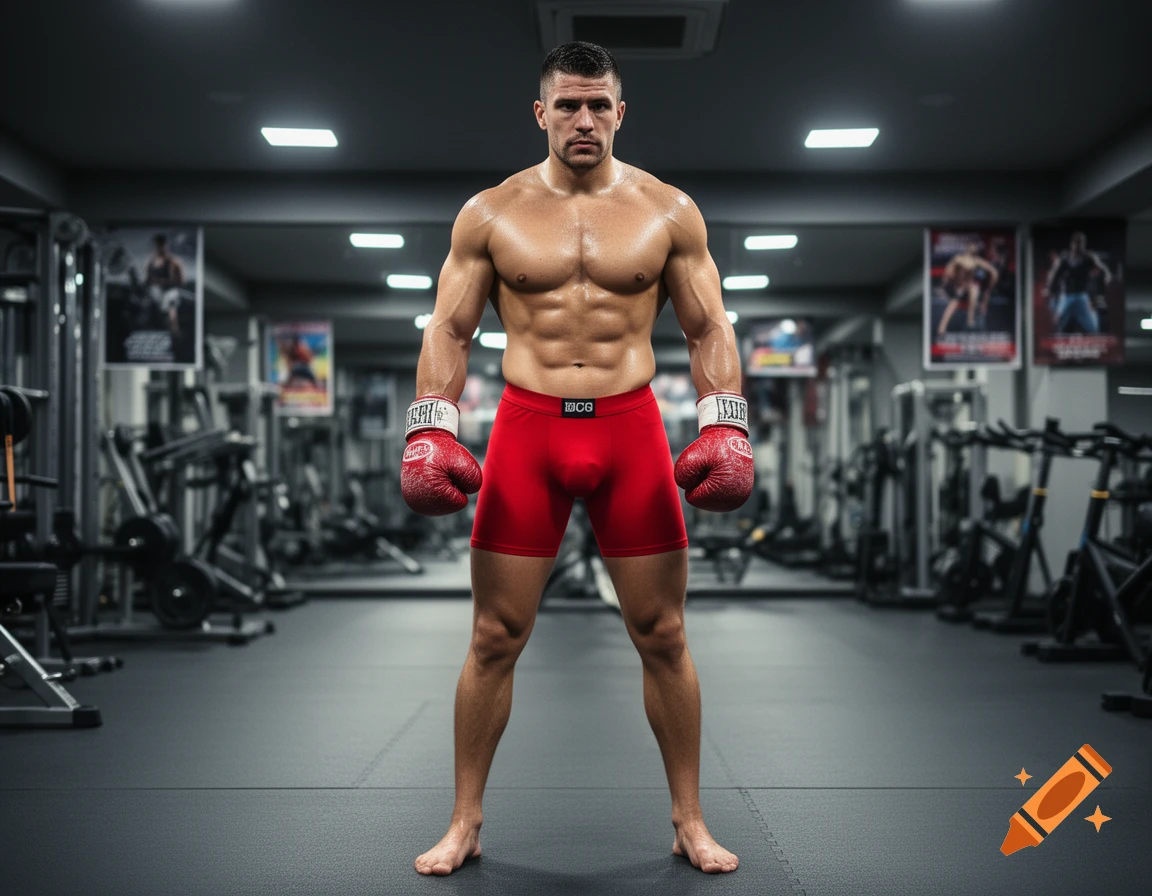 Muscular shirtless boxer in red shorts and gloves stands in a gym, looking determined.