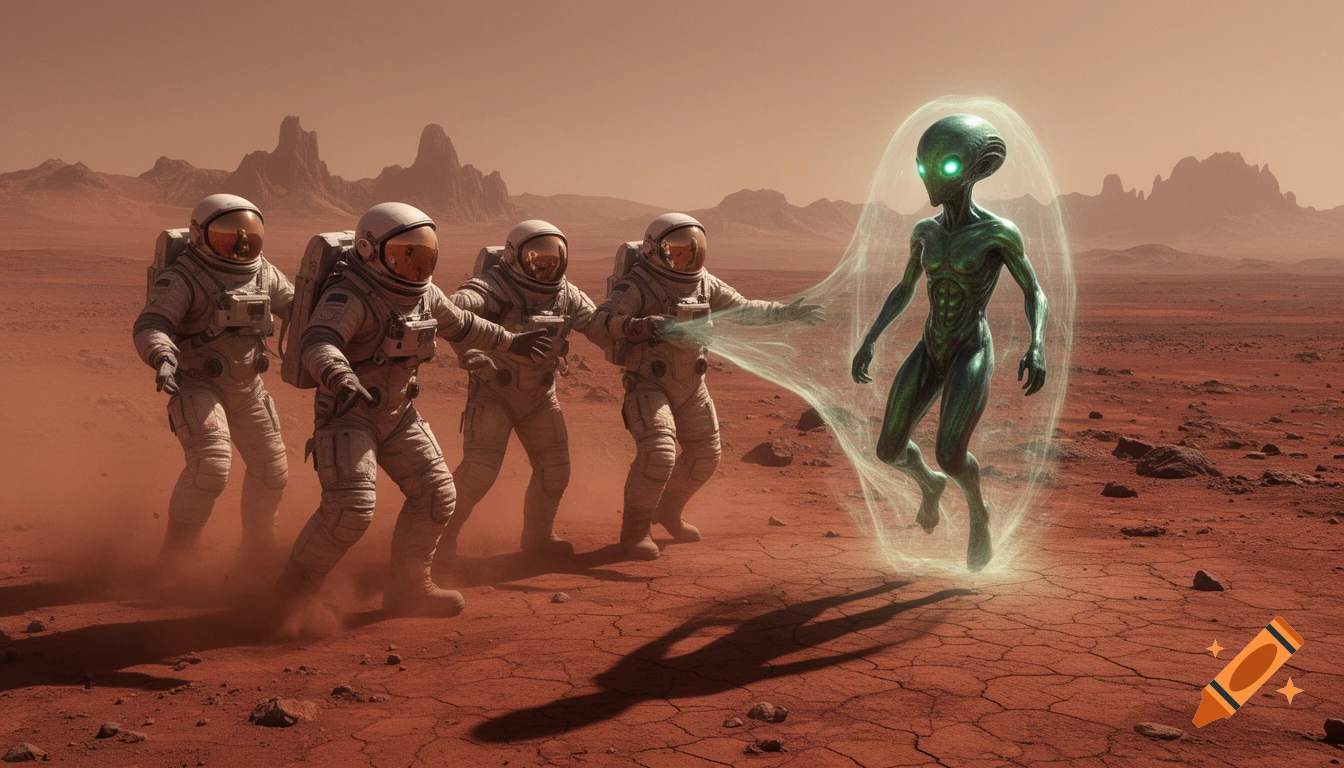 Photorealistic scene of four astronauts in white suits cautiously approaching a glowing green alien levitating on a red, rocky Martian landscape with mountains.