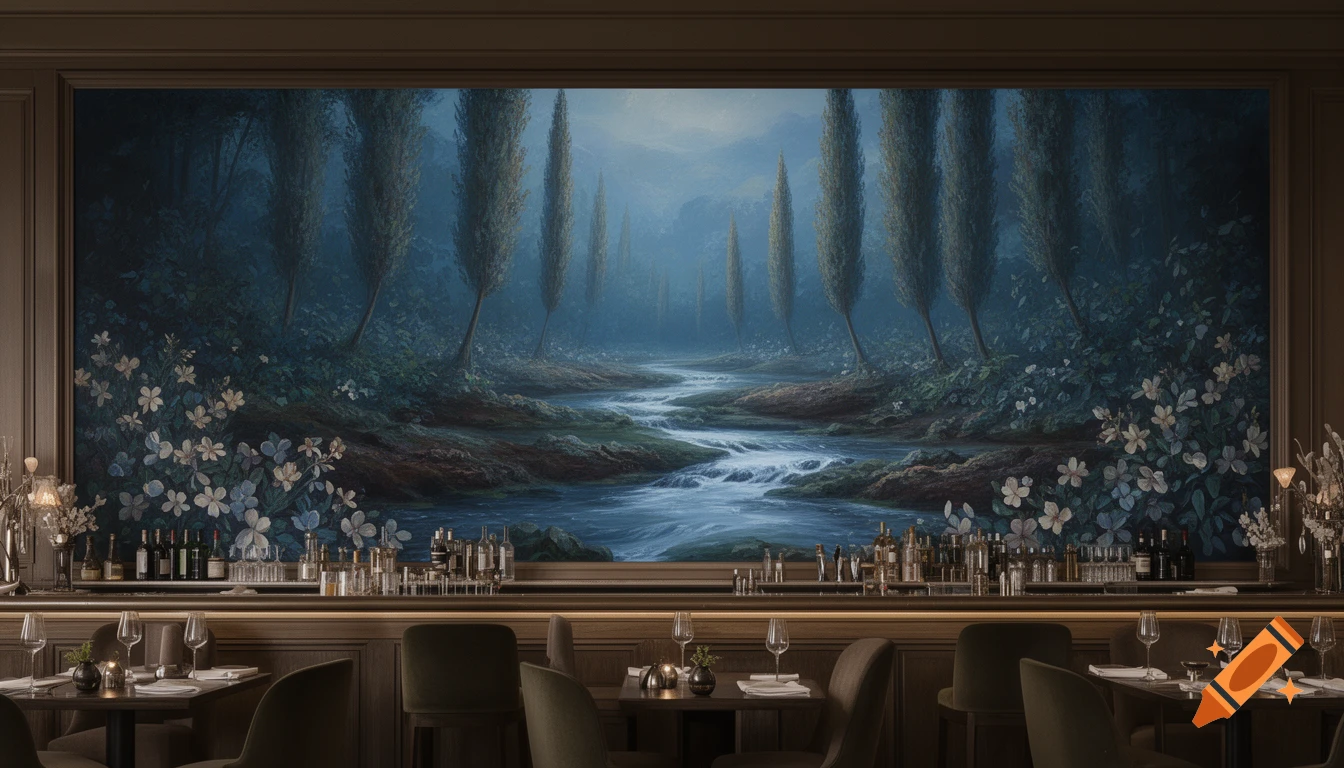 A panoramic nature-inspired wall art depicting a misty forest with a winding river and tall trees, set behind a modern restaurant bar with drinks and tables.