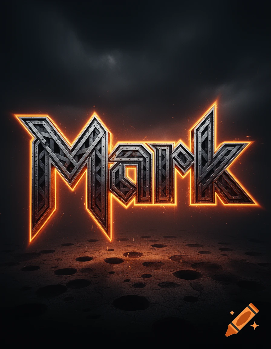 The word 'Mark' in a metallic, angular, heavy metal style with an orange fiery glow, set against a dark, cratered ground.