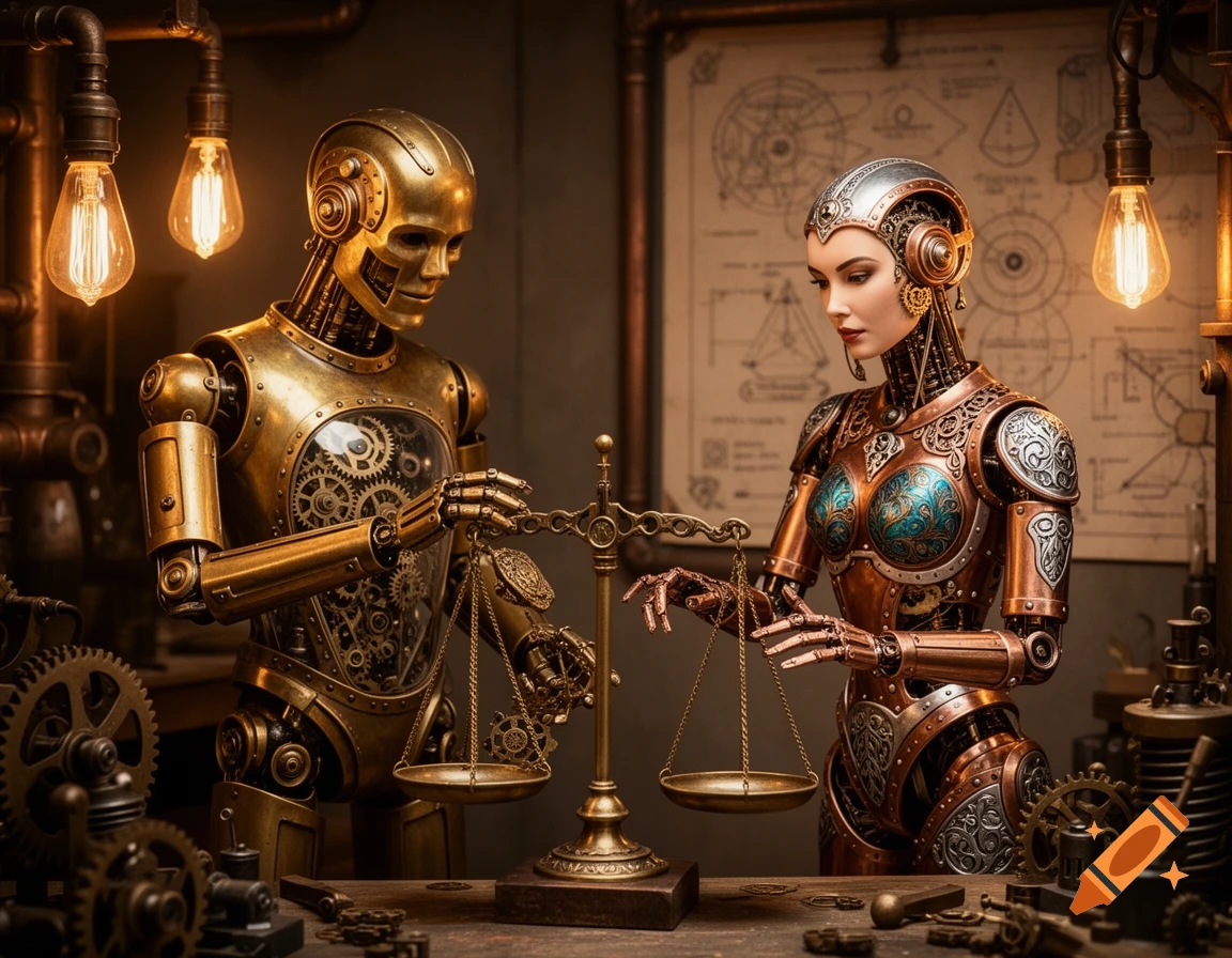 Two detailed steampunk robots, one male and one female, operate a balance scale in a warmly lit workshop filled with gears and blueprints.
