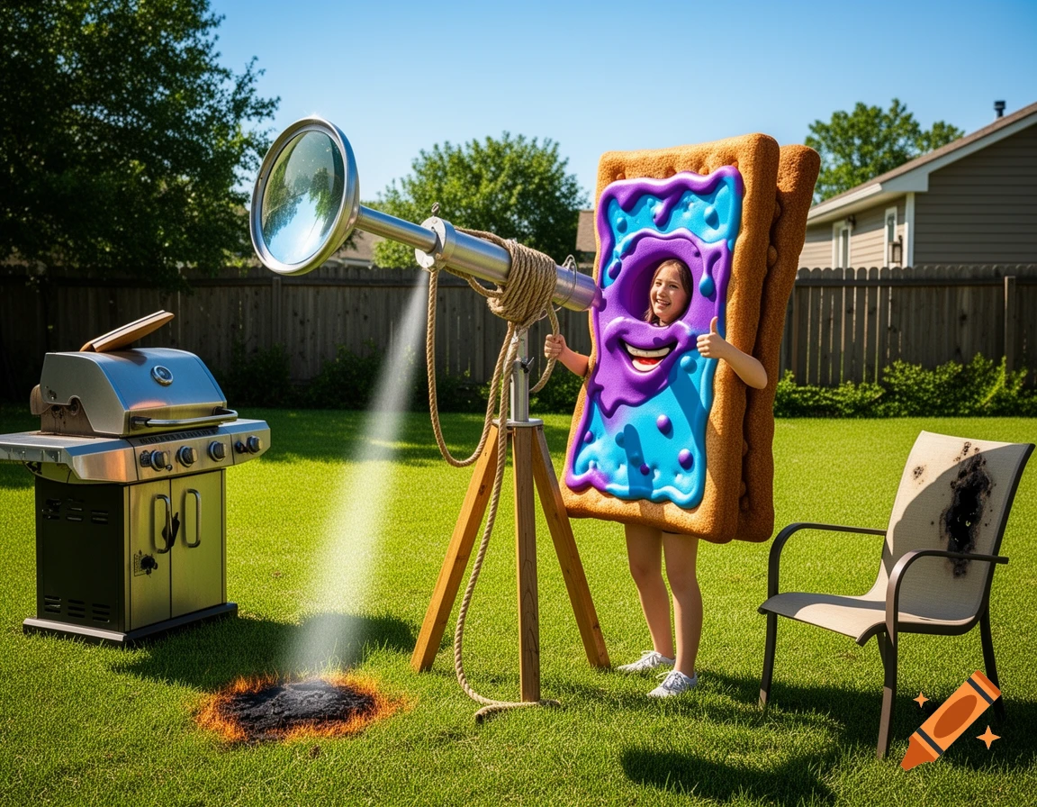 A girl in a Pop Tart costume uses a giant magnifying glass to burn grass and a chair in a sunny backyard.