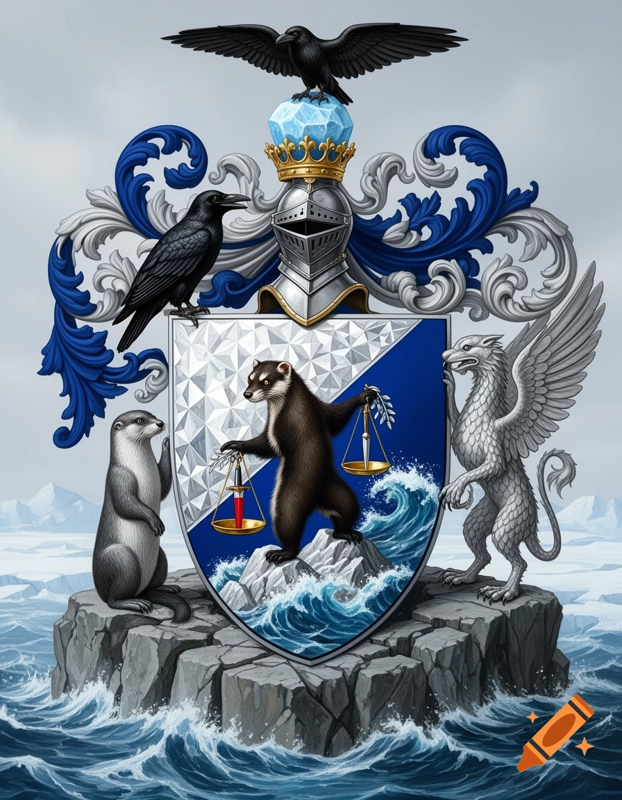 A grand imperial coat of arms featuring a wolverine with scales, an otter, a griffin, and two ravens, on a shield above arctic waters, in a realistic heraldry style.