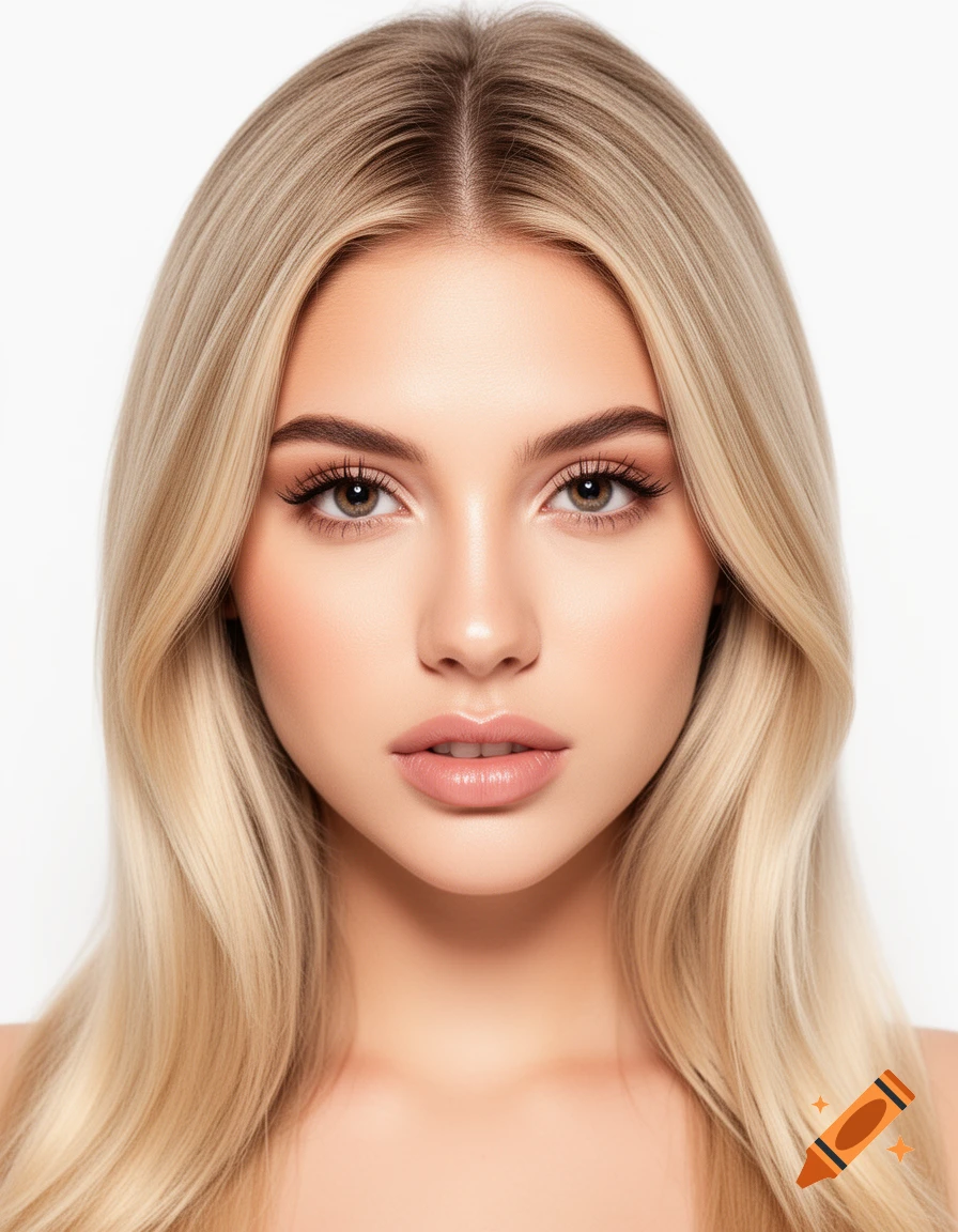 Close-up photorealistic portrait of a young blonde woman with long hair and natural makeup, looking directly forward.