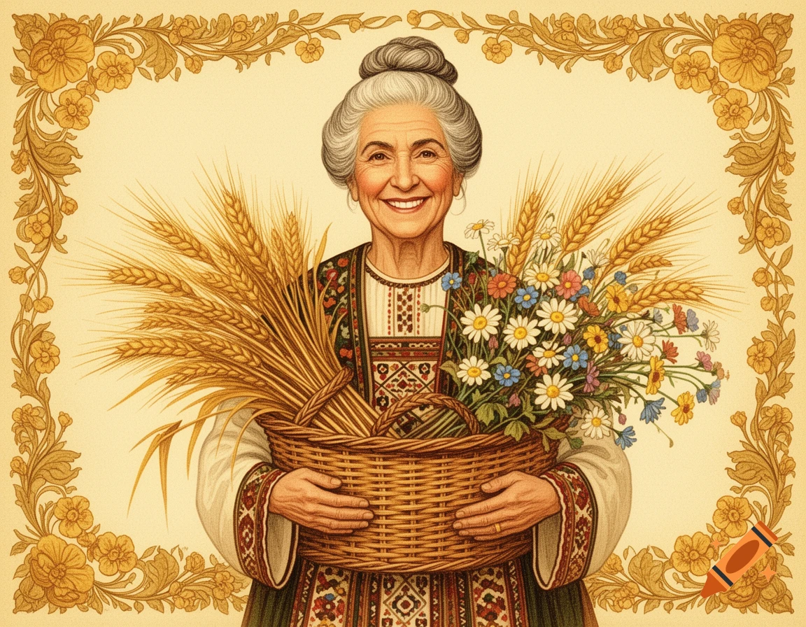 Smiling elderly woman in traditional attire holding a wicker basket with wheat and wildflowers, vintage folk art illustration with a floral border.