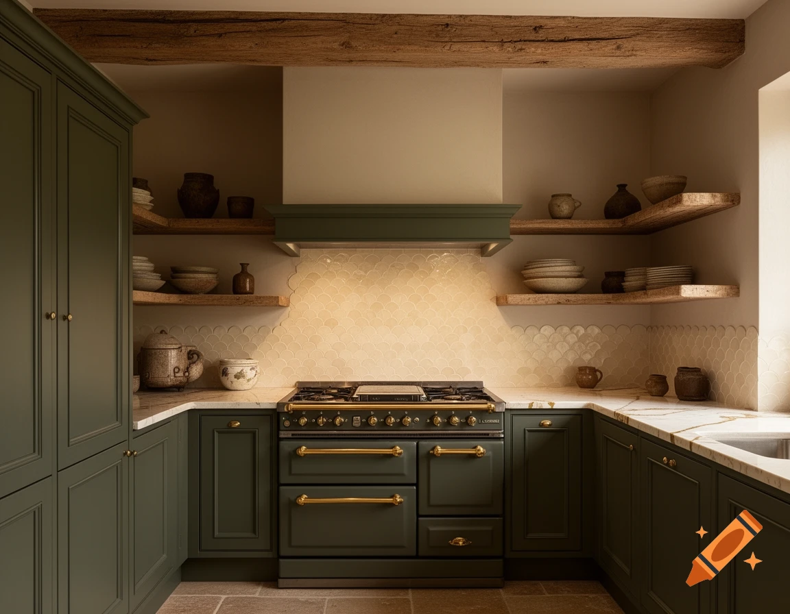 A renovated European farmhouse cottage kitchen with dark sage green cabinets, a large range, open rustic shelves, and a patterned backsplash.