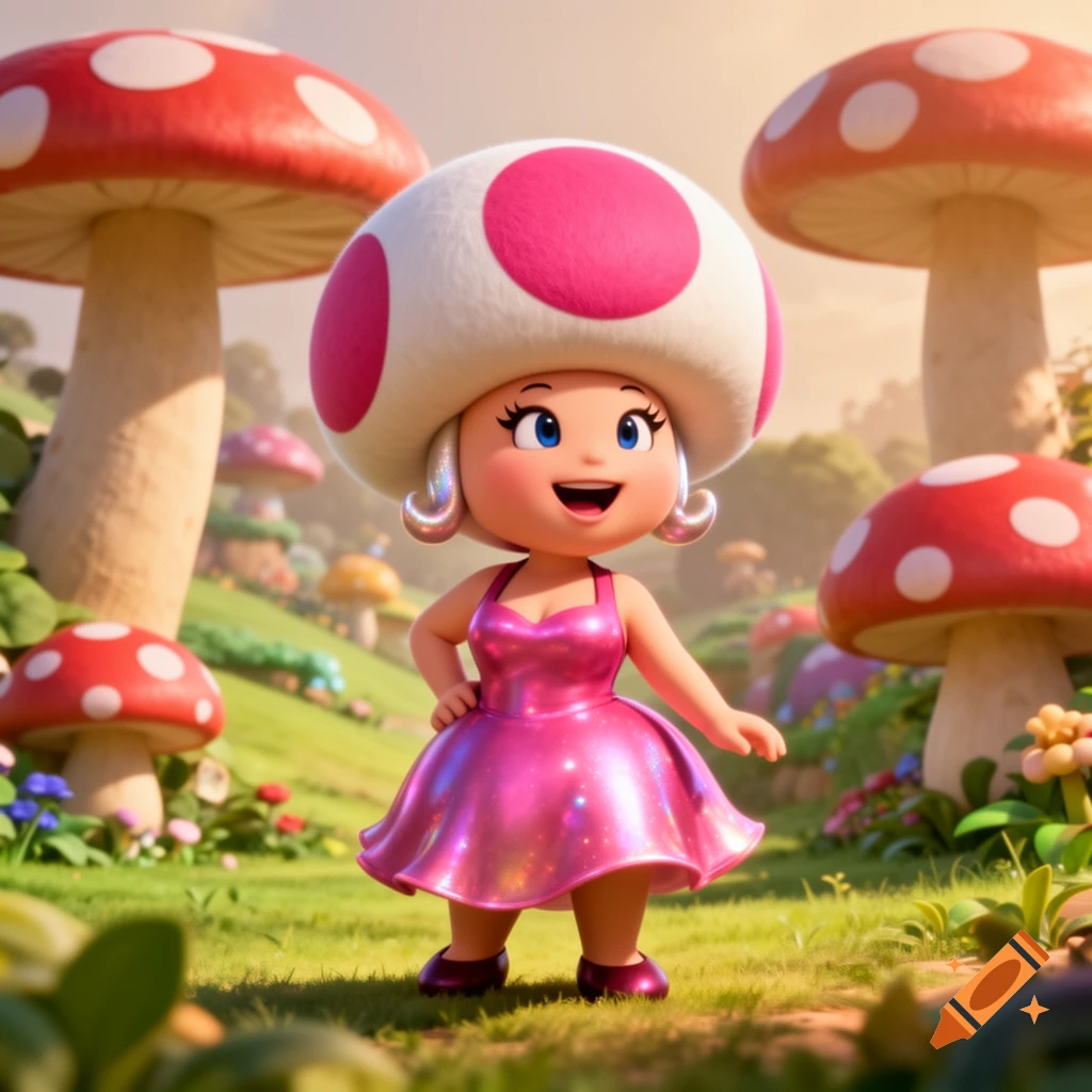 Toadette in a shimmery pink dress, standing in a lush green Mushroom Kingdom landscape with giant red mushrooms, in a CGI cartoon style.