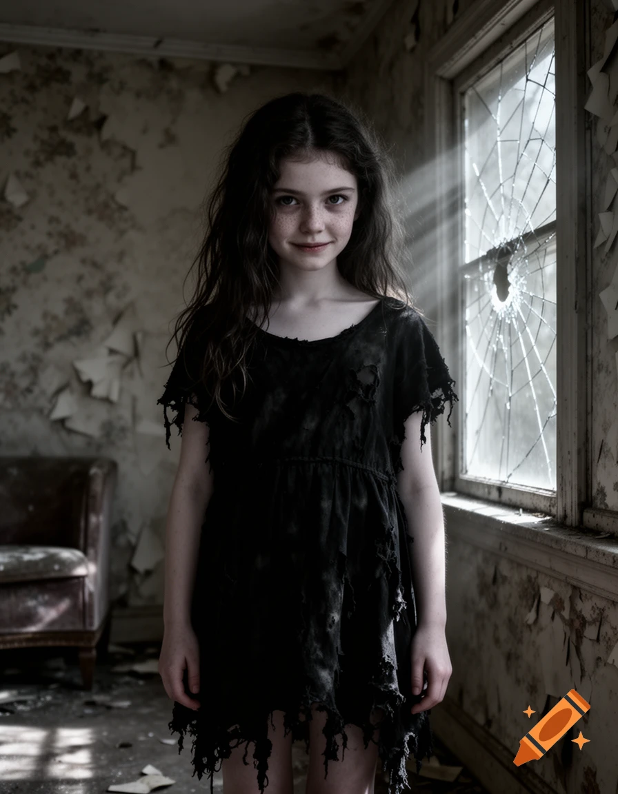 A young girl with long hair and freckles in a torn black dress stands in a dilapidated room with a broken window, light rays shining through.