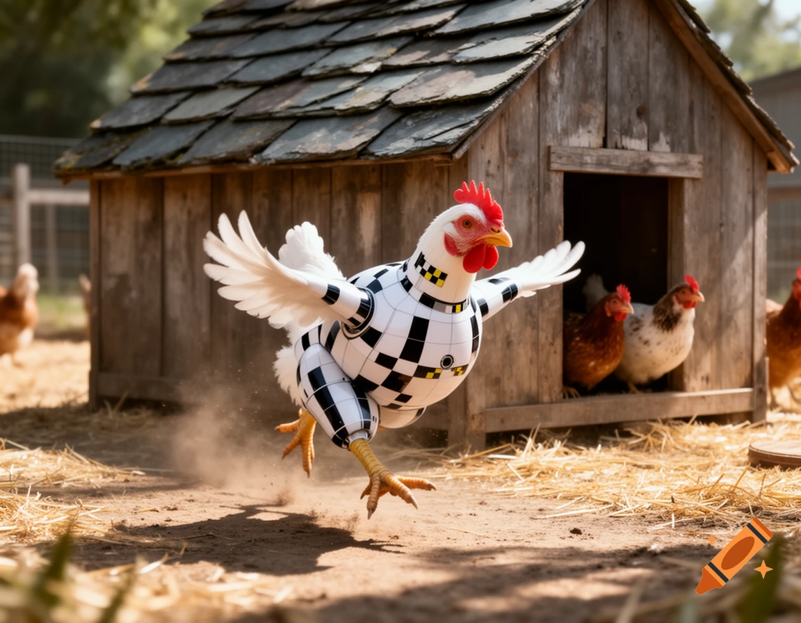 A white chicken in a black and white checkered crash test dummy suit runs across dirt with its wings spread, away from a wooden chicken coop.