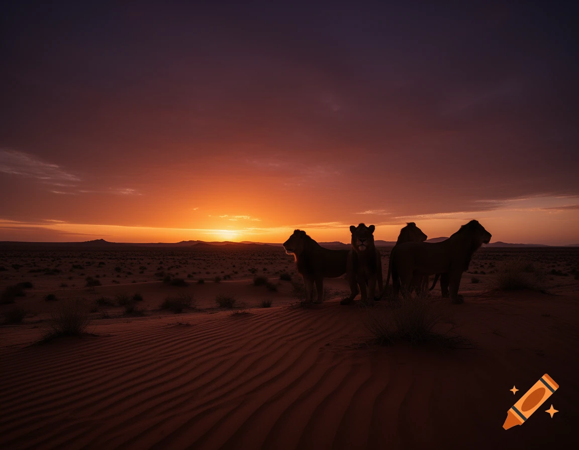 Four lion silhouettes stand on a sand dune, backlit by a vibrant orange and red desert sunset.