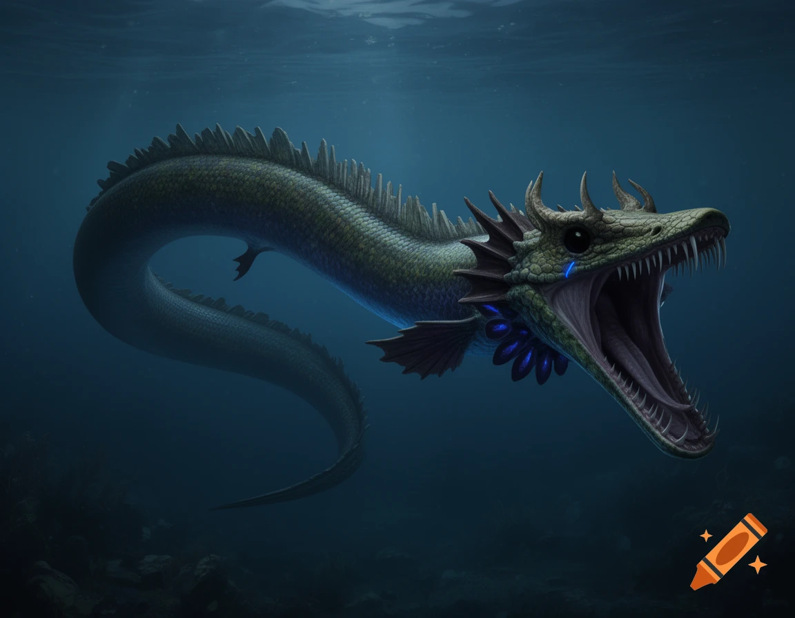 A large, scaly, dark green eel-like dragon with glowing blue markings and an open, toothy mouth swims in deep blue water.