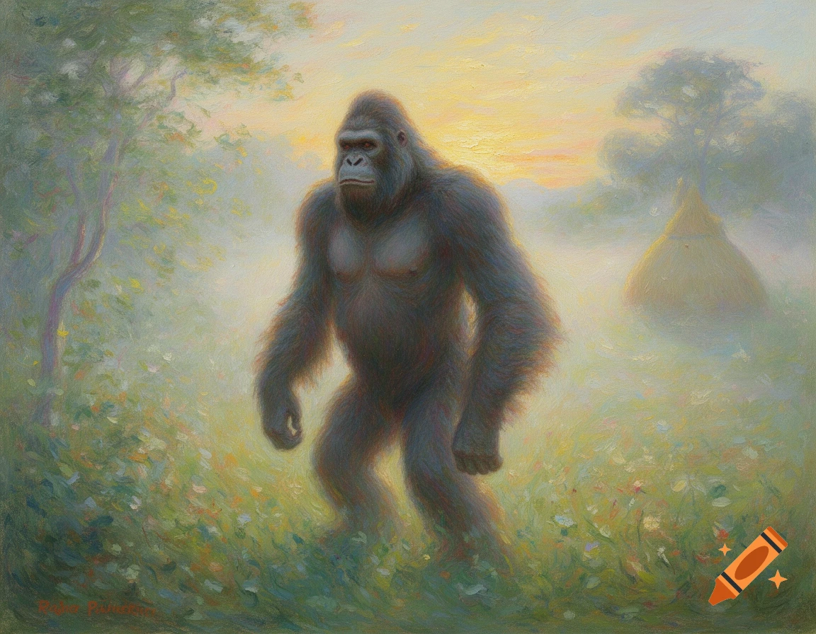 An impressionistic painting of a large gorilla standing in a misty, flowering field with a haystack at sunrise.