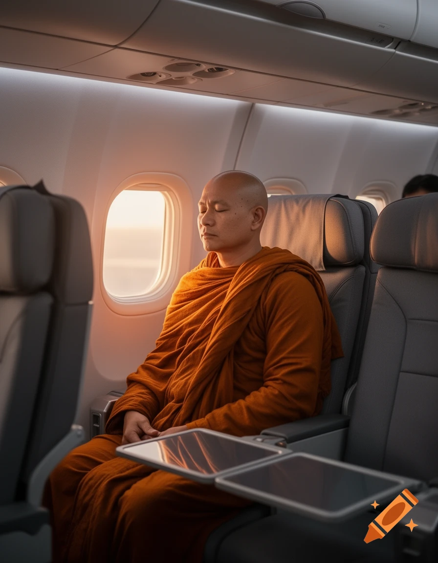 A bald monk in orange robes meditates peacefully in an airplane seat next to a window during sunset.
