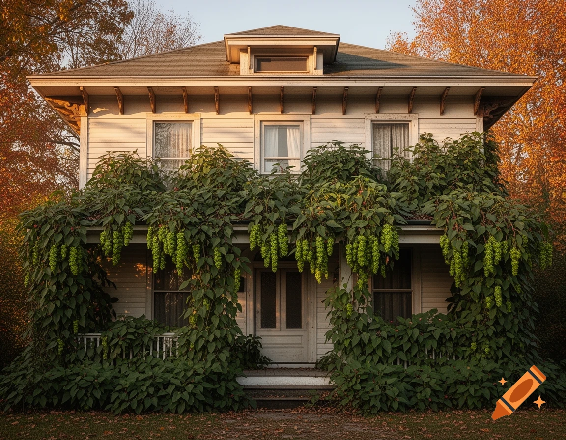 A white circa-1923 four-square house covered in lush green pokeweed vines with berries, surrounded by autumn trees.
