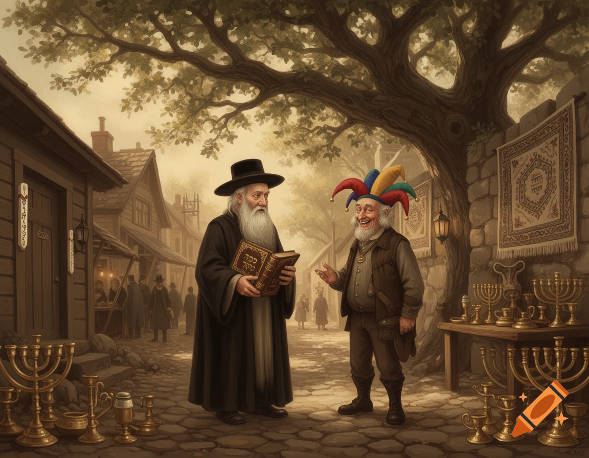 An old wise rabbi holding a book and a grinning jester in a colorful hat discuss in a bustling old Jewish village with menorahs and hanging tapestries.