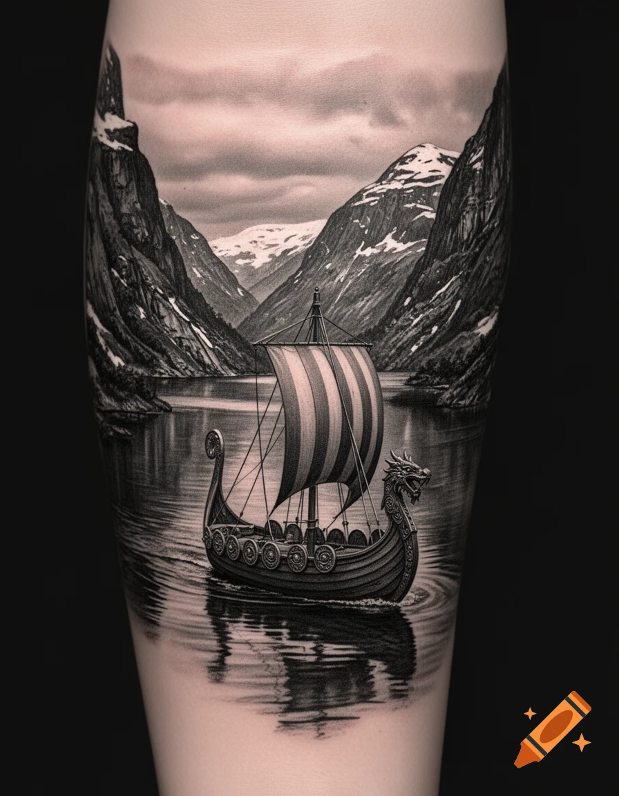 Microrealistic black and white forearm tattoo of a Viking longship with striped sails sailing through a mountainous fjord.