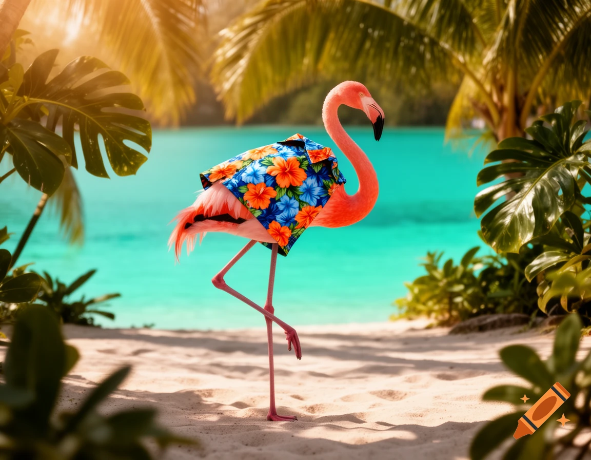 A vibrant pink flamingo wearing a blue and orange floral Hawaiian shirt stands on one leg on a sandy beach with turquoise water and palm trees in the background.