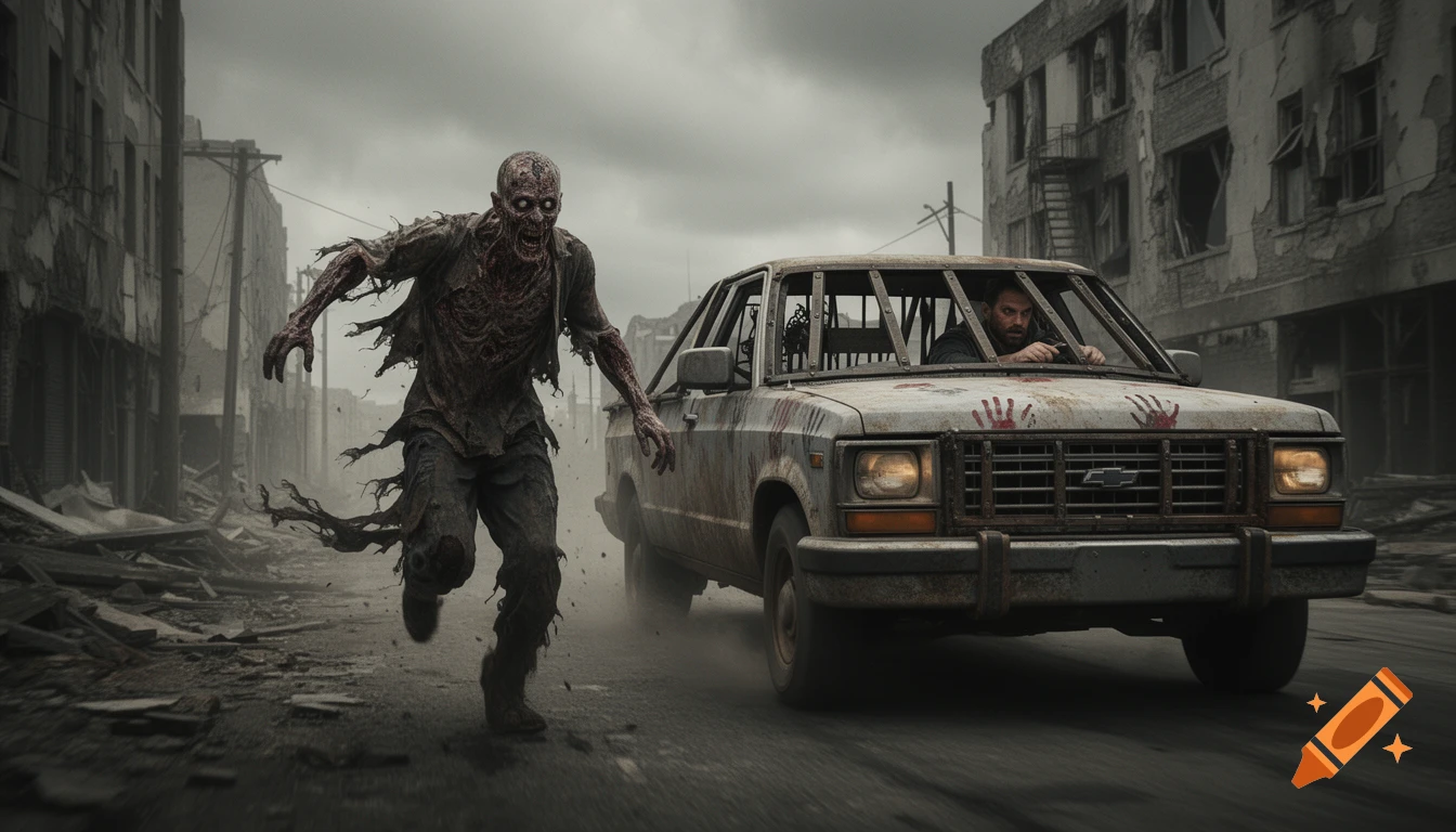 A gruesome zombie with tattered clothes chases a beat-up pickup truck driven by a man through a desolate, ruined city street under a cloudy sky.