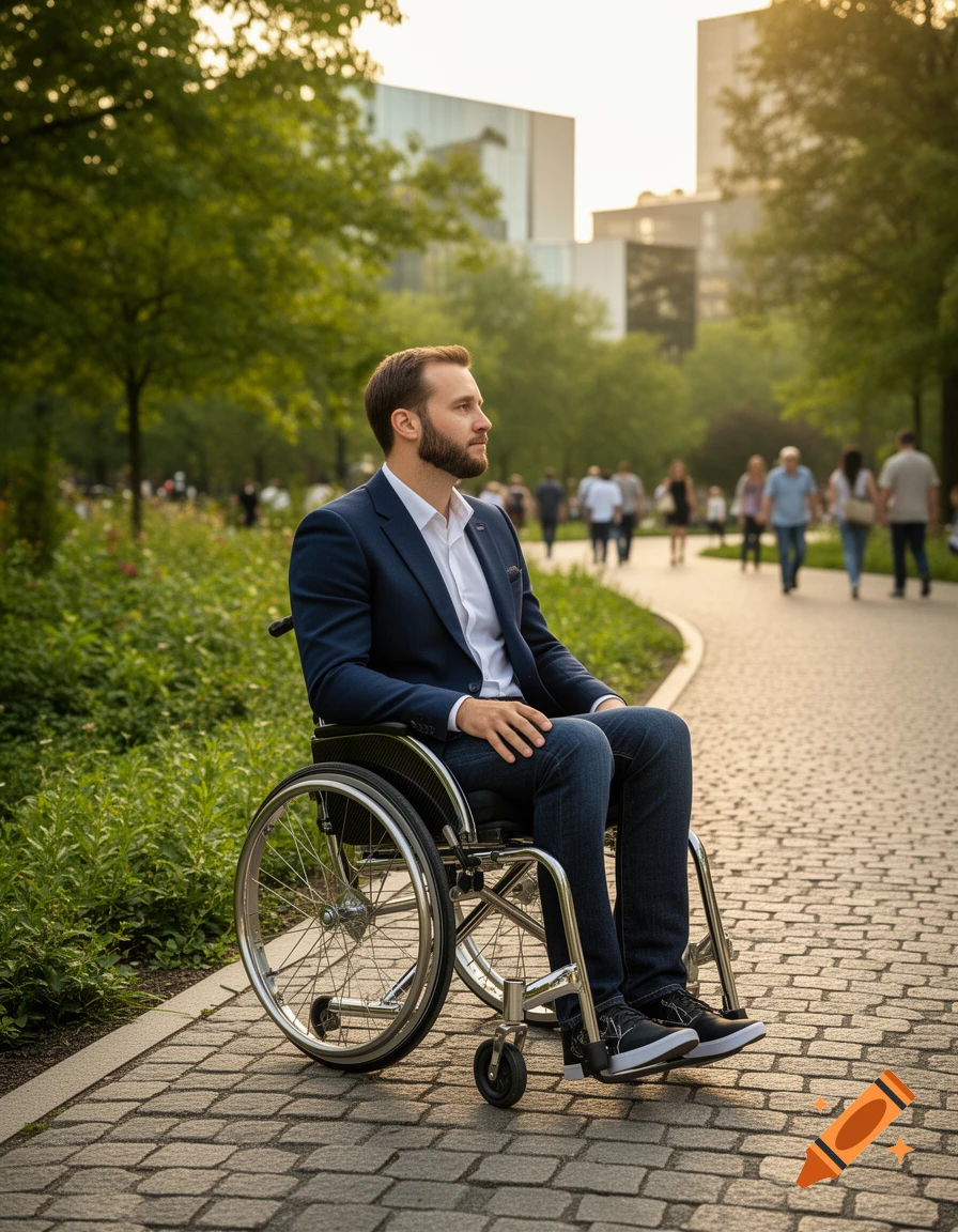 A man with a beard, wearing a blue suit jacket and jeans, sits in a wheelchair on a cobblestone path in a sunny urban park.