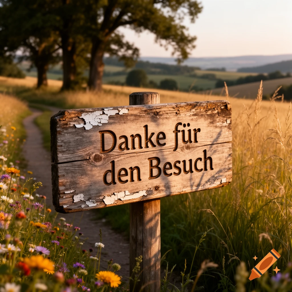 Rustic wooden sign in a sunlit field, wildflowers, trees, and a path. Text: 'Danke f r den Besuch'.