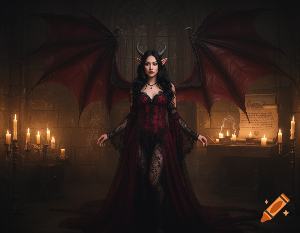 Dark-haired demon woman with red wings and horns, in a gothic gown, stands in a candlelit stone chamber.