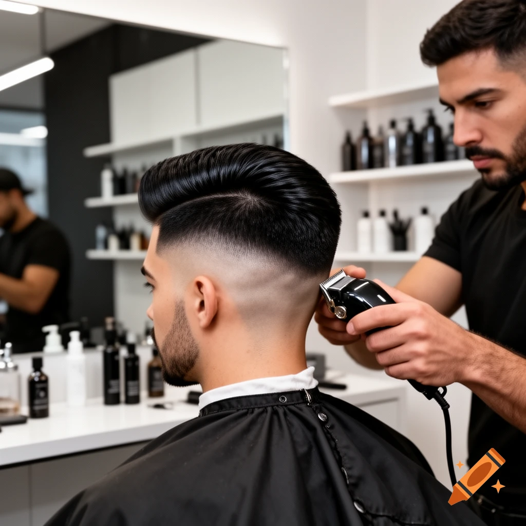 A barber gives a man a fade haircut with clippers in a modern barber shop.