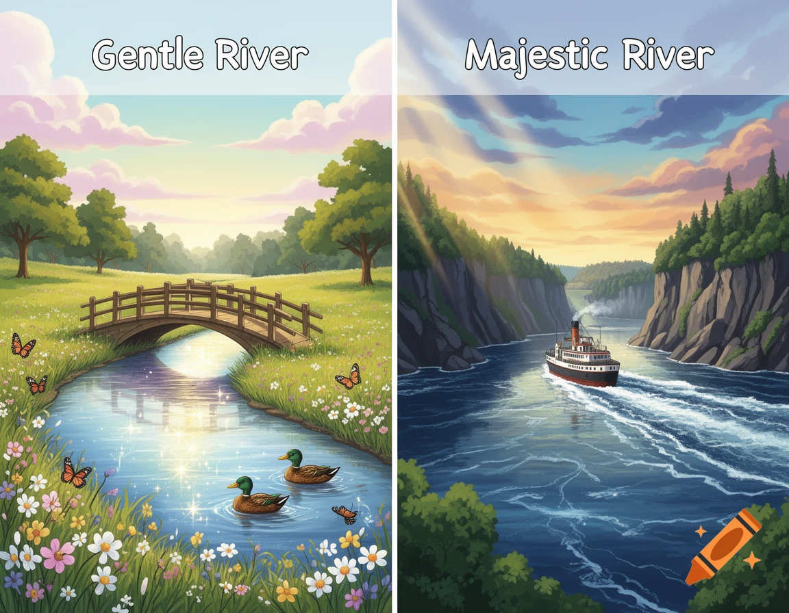 Two side-by-side illustrations. Left: A gentle river with ducks, butterflies, a wooden bridge, and flowers. Text says "Gentle River". Right: A majestic river flowing through a canyon with a steamboat. Text says "Majestic River".