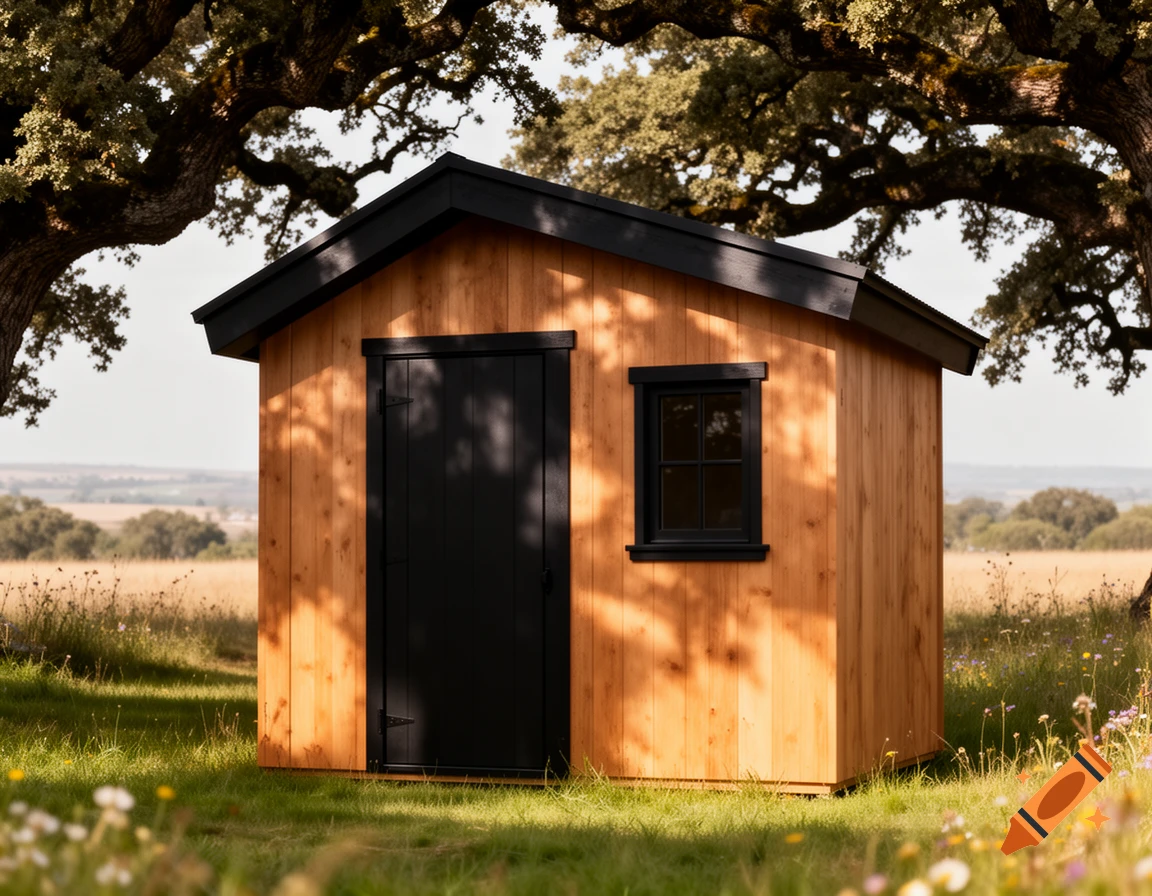 A rustic wooden shed with a black door, window frame, and eaves sits in a grassy field under a large oak tree.