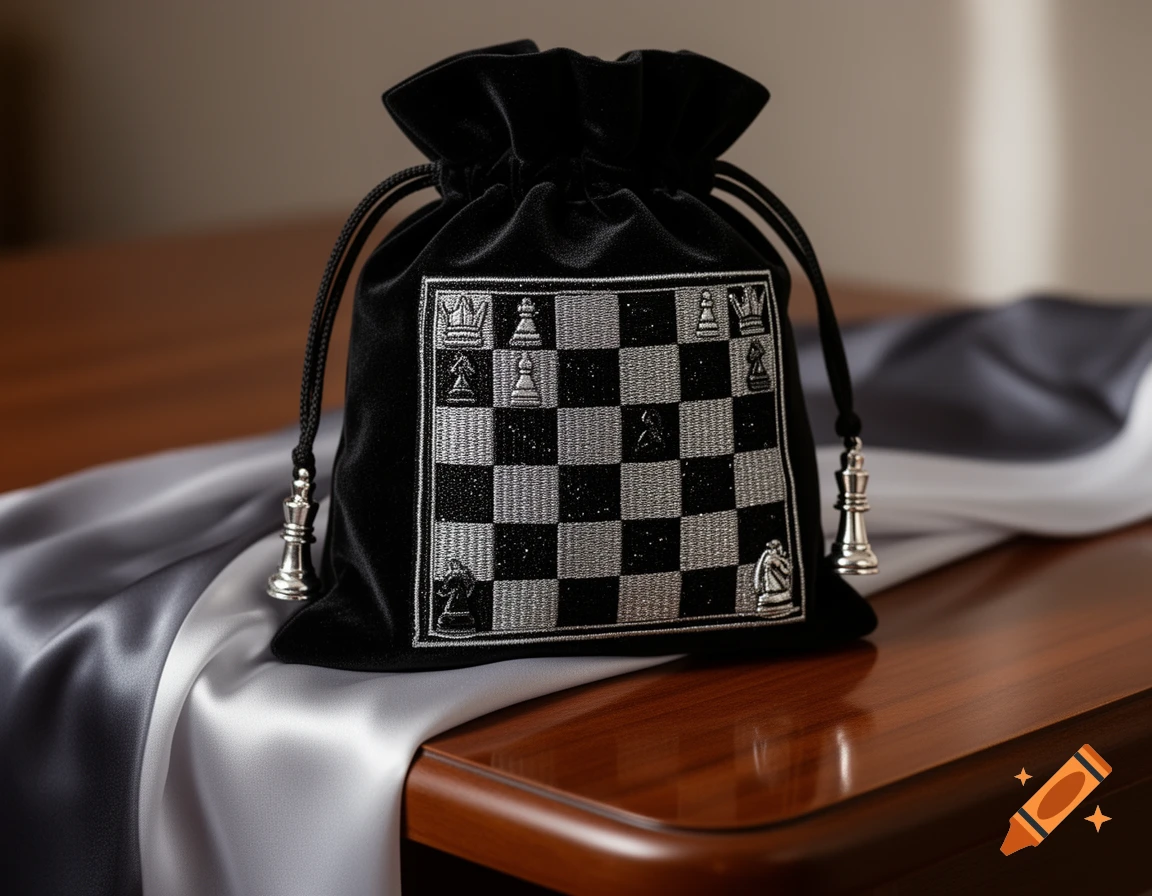 A black velvet drawstring bag featuring a silver embroidered chessboard and chess pieces, resting on a polished wooden table with a draped satin cloth.