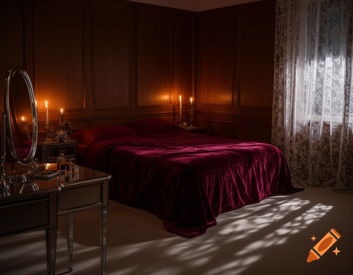 A dimly lit bedroom featuring a large bed with a rich red velvet comforter, glowing candles, and a mirrored dressing table next to a window with lace curtains. Photorealistic.