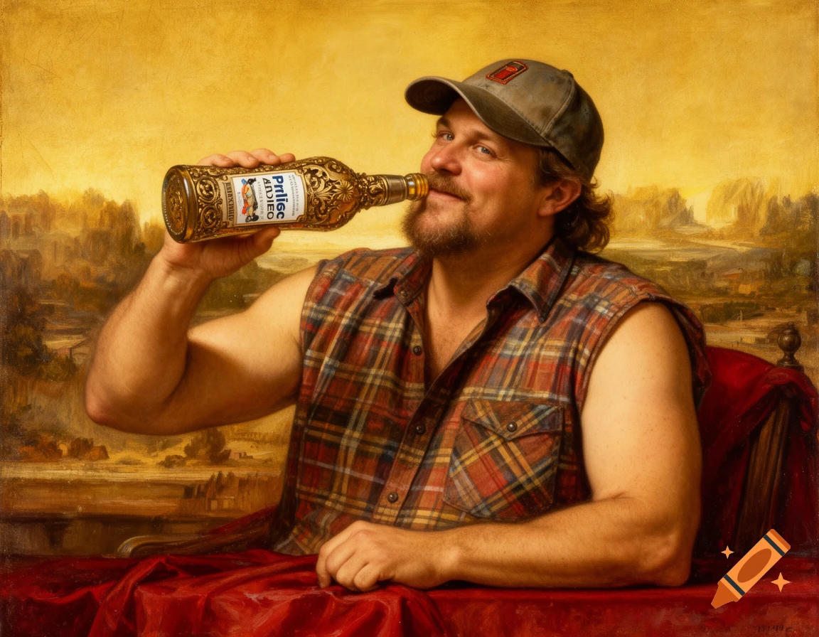 Oil painting of a smiling man in a plaid sleeveless shirt and baseball cap, drinking from an ornate bottle, set against a blurry golden landscape.