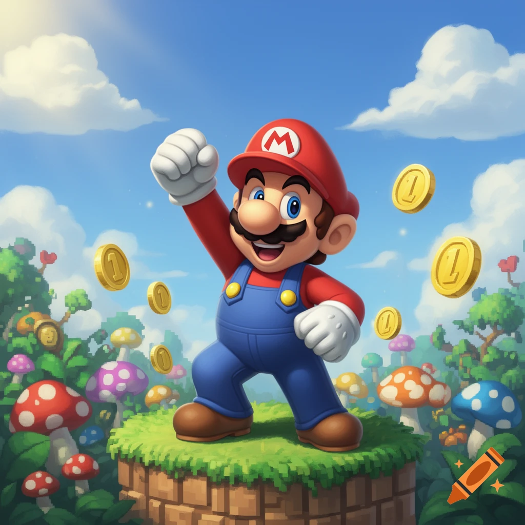 Mario in a vibrant, stylized landscape, raising his fist in victory amidst floating coins and colorful mushrooms.
