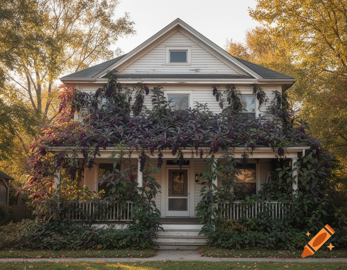 A white circa-1923 four-square house covered in dark purple pokeweed, with golden autumn trees in the background.