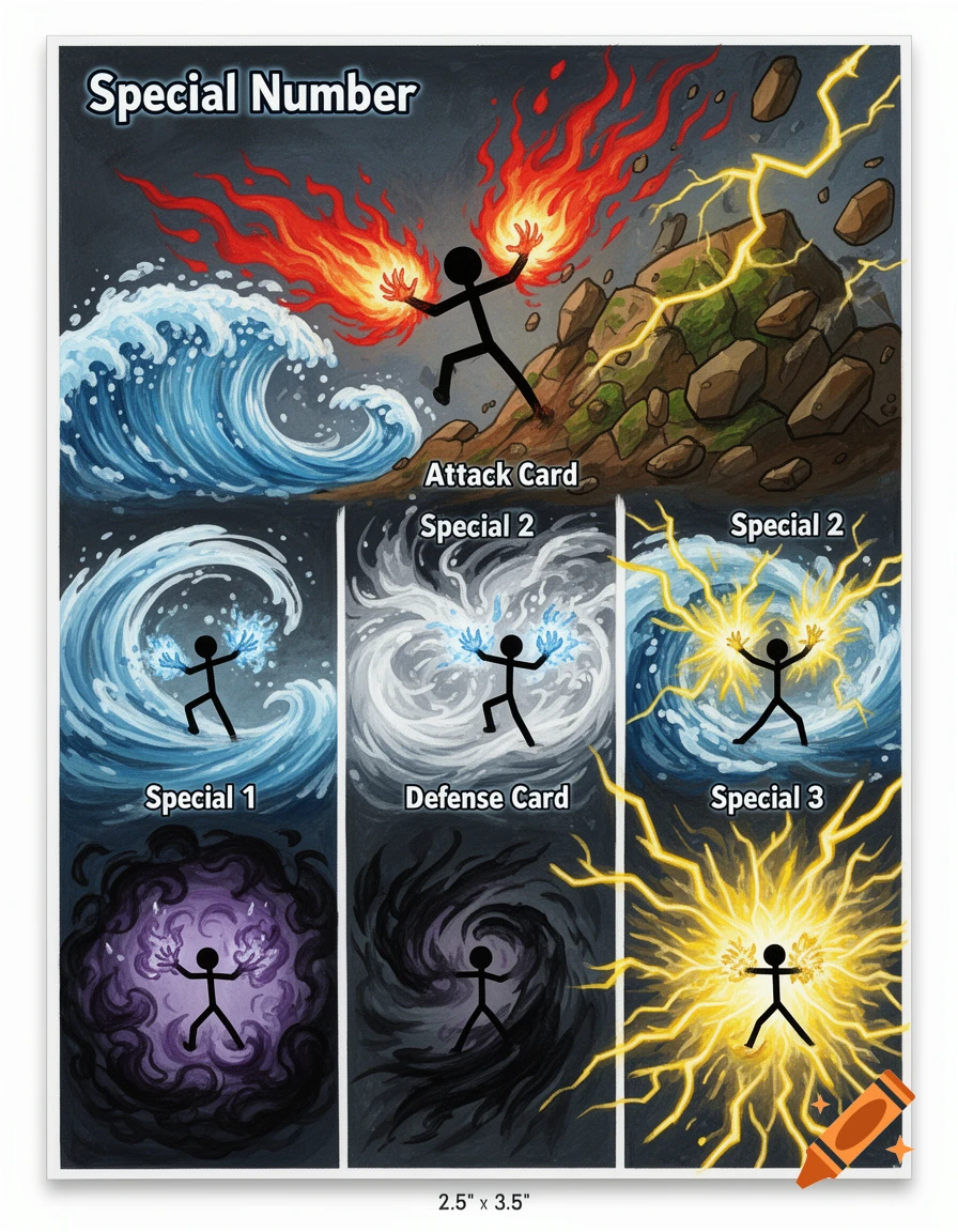 A colorful trading card layout featuring stick figures harnessing fire, water, earth, air, electricity, and shadow powers.