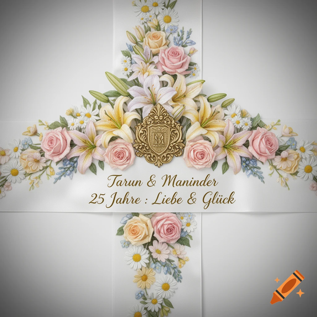 Elegant floral arrangement with pink roses, lilies, and daisies on white ribbons, featuring a gold emblem and celebratory text.
