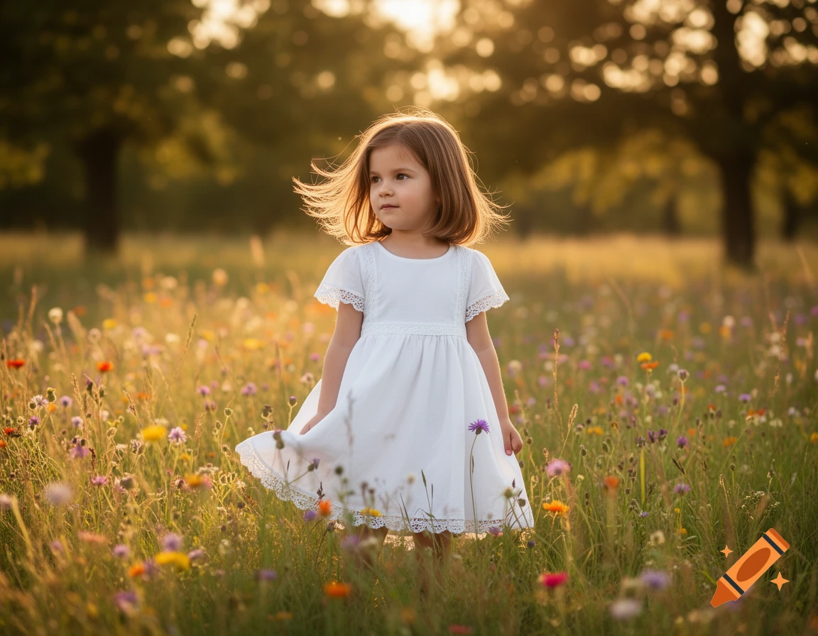A young girl in a white dress stands in a sunlit field of colorful ...